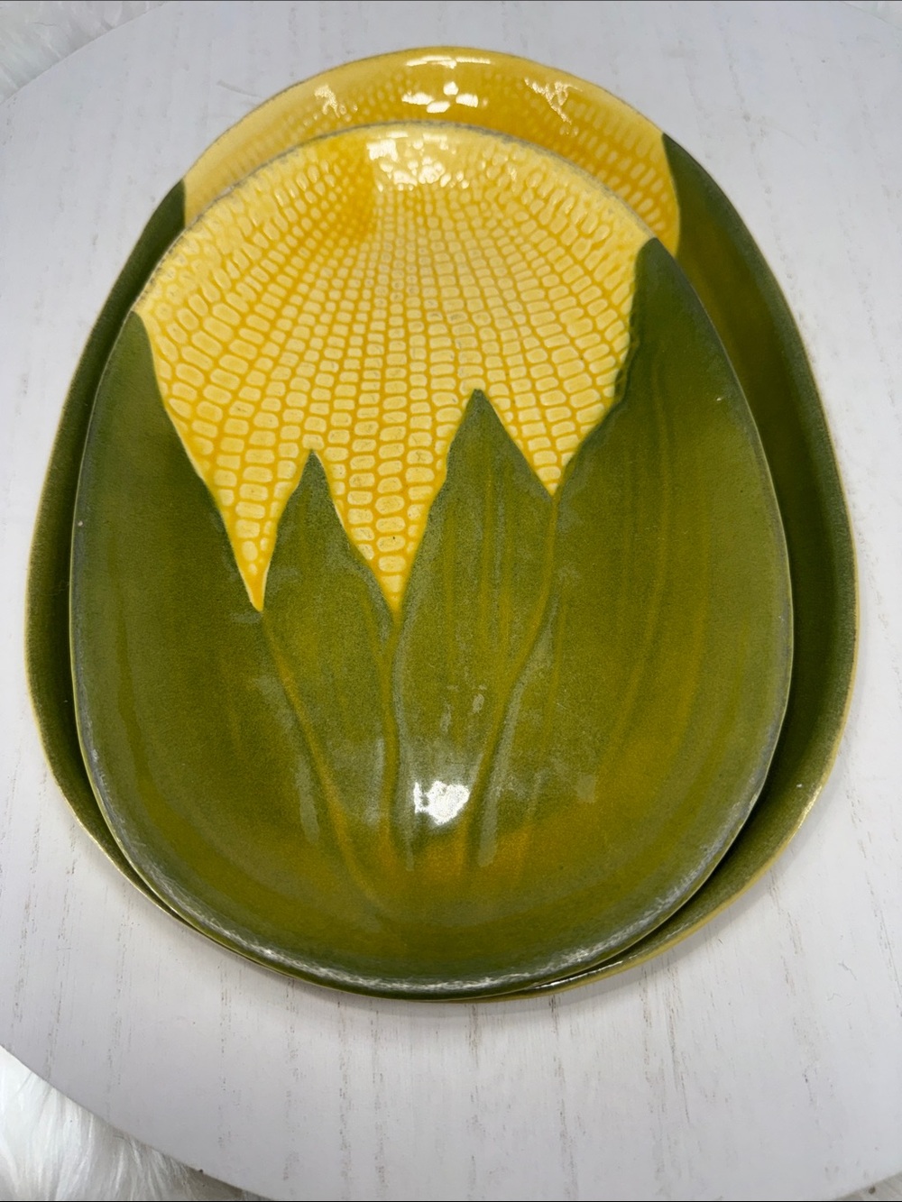 Vintage Lot of 2 Yellow and Green Corn-Shaped Ceramic Serving Platter